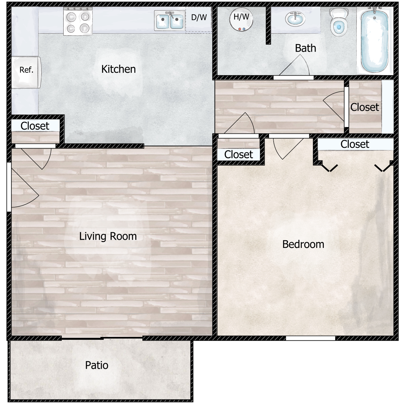 Floor plan for 1 bed, 1 bath, 700 sqft